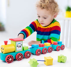 Wooden Train Set with Educational Blocks – Classic Montessori Toy, Shape Sorter & Stackable Wooden Bricks for Toddlers & Kids Ages 3+