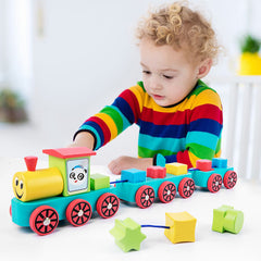 Wooden Train Set with Educational Blocks – Classic Montessori Toy, Shape Sorter & Stackable Wooden Bricks for Toddlers & Kids Ages 3+